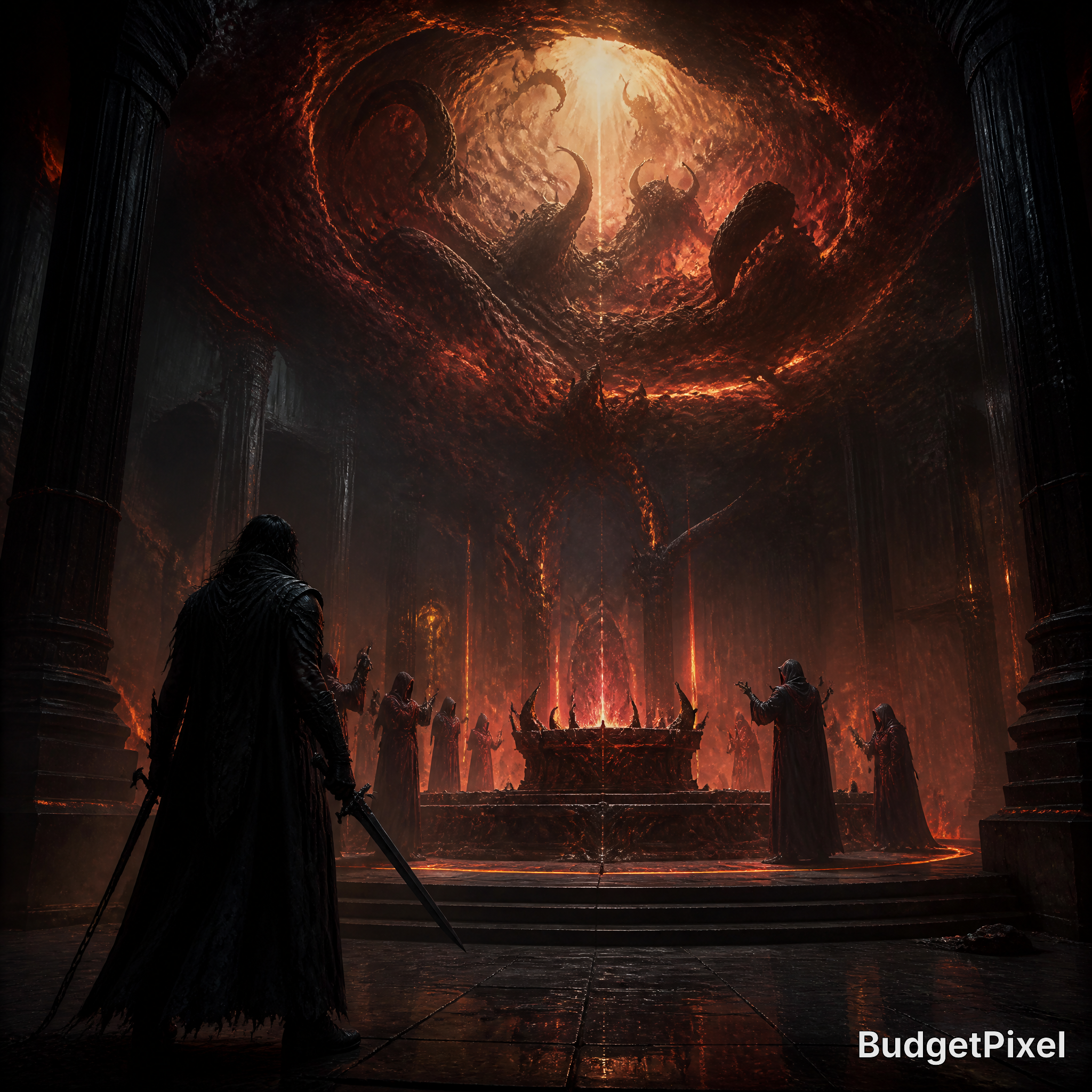 Dark fantasy throne room with lava-lit altar and hooded warriors surrounding a glowing throne.