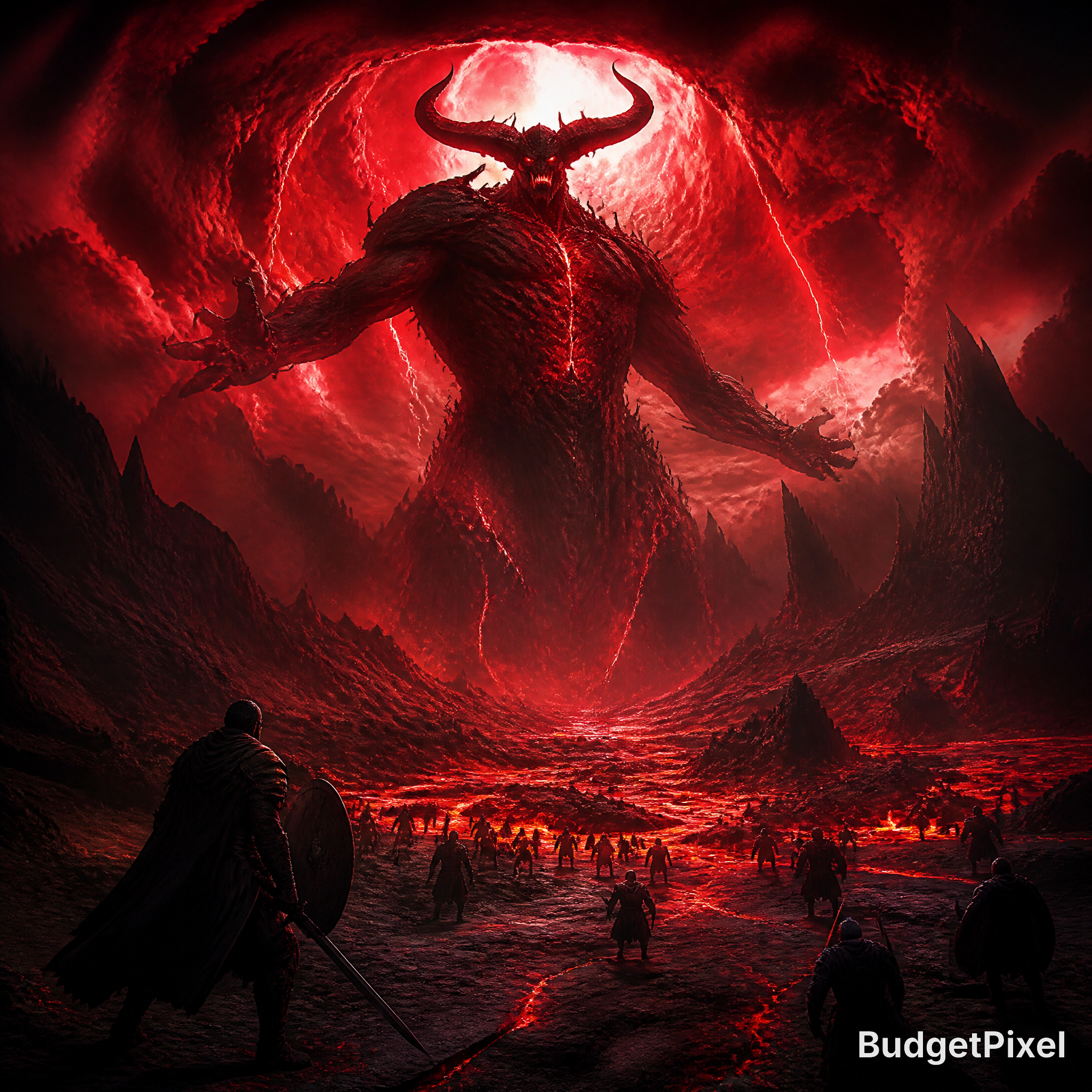 A towering red horned demon looms over a lava-filled valley as armored warriors advance toward it.