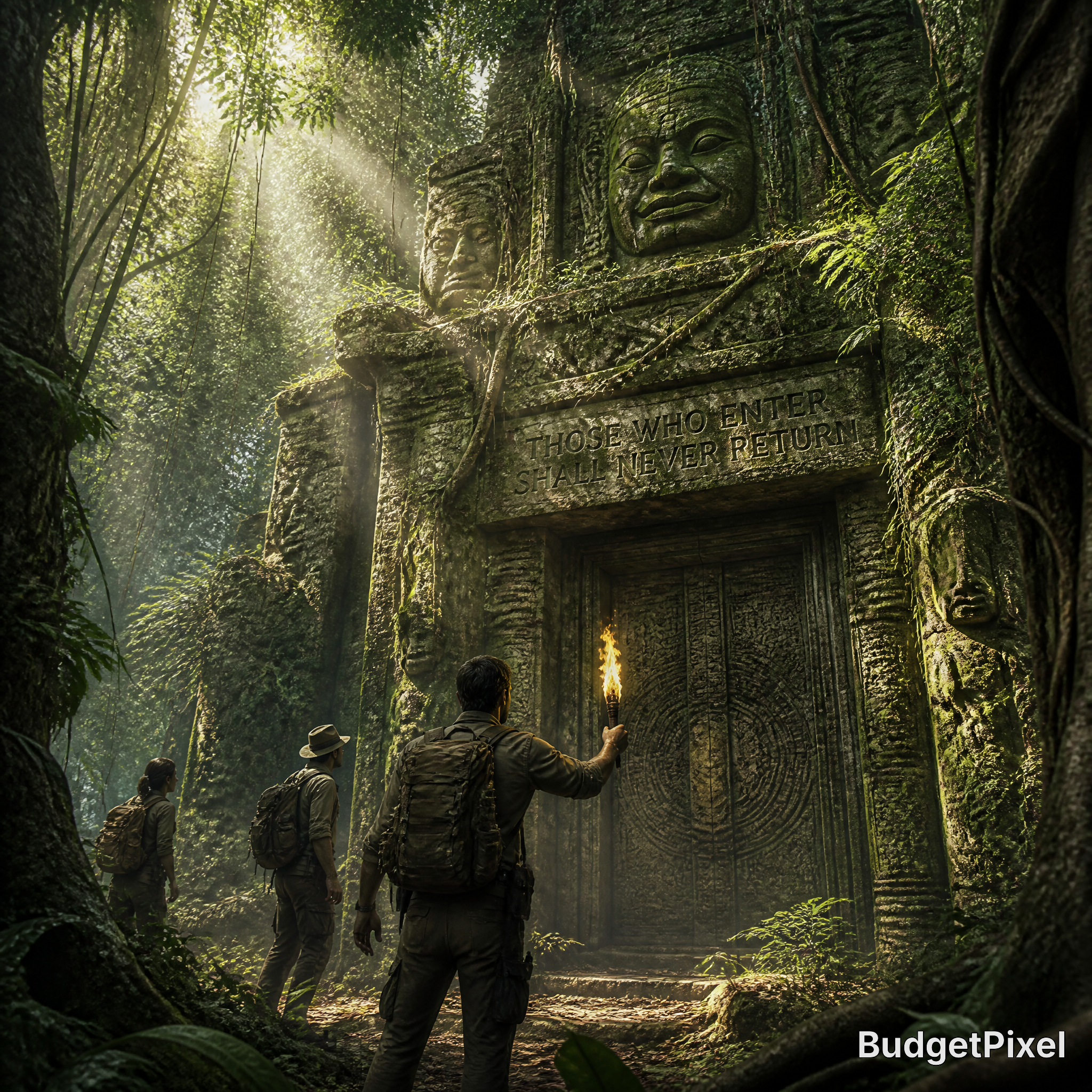 Jungle temple ruins with mossy carvings and a torch-wielding explorer approaching a large door.