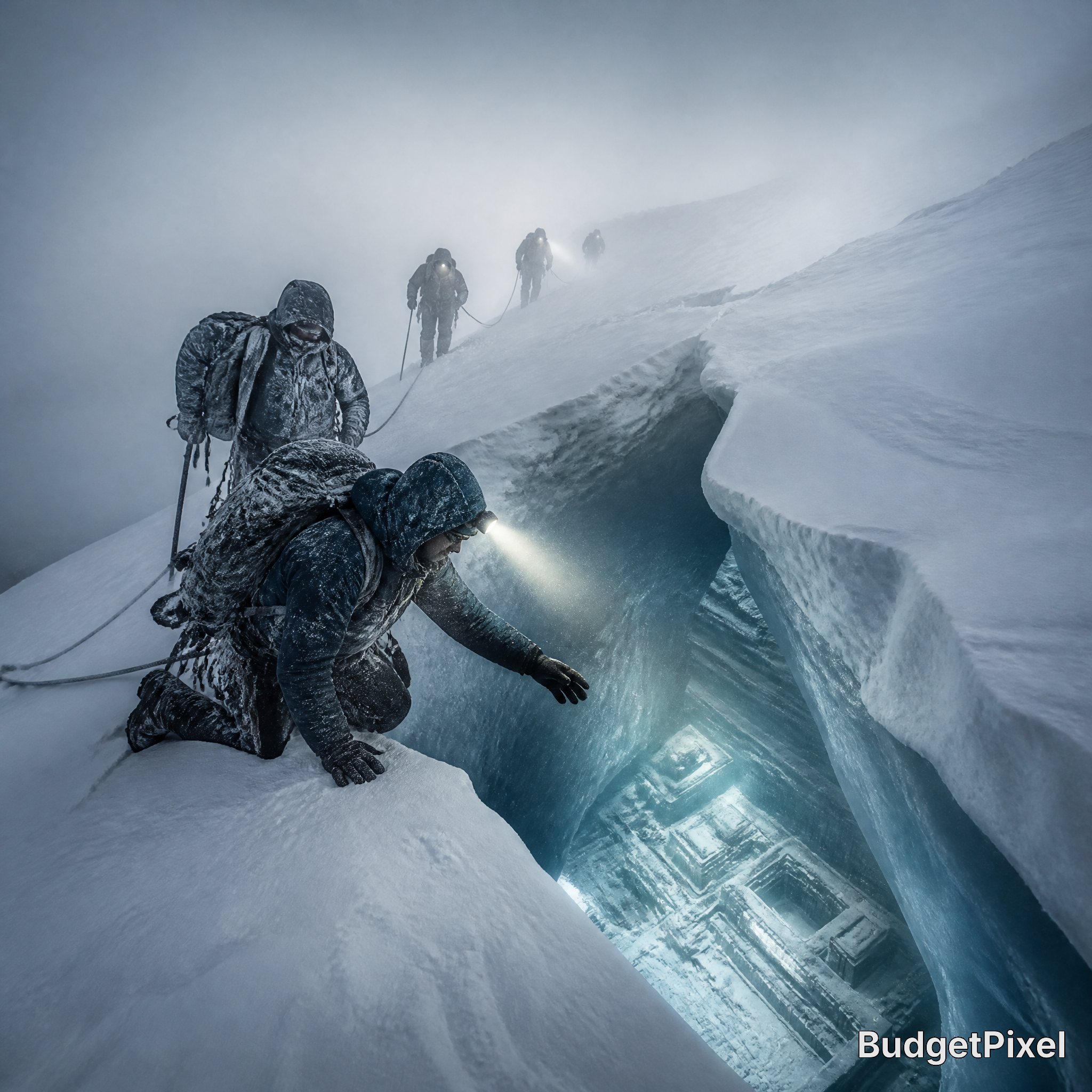 Climbers in heavy winter gear on a snowy slope approach a glowing blue ice cave.