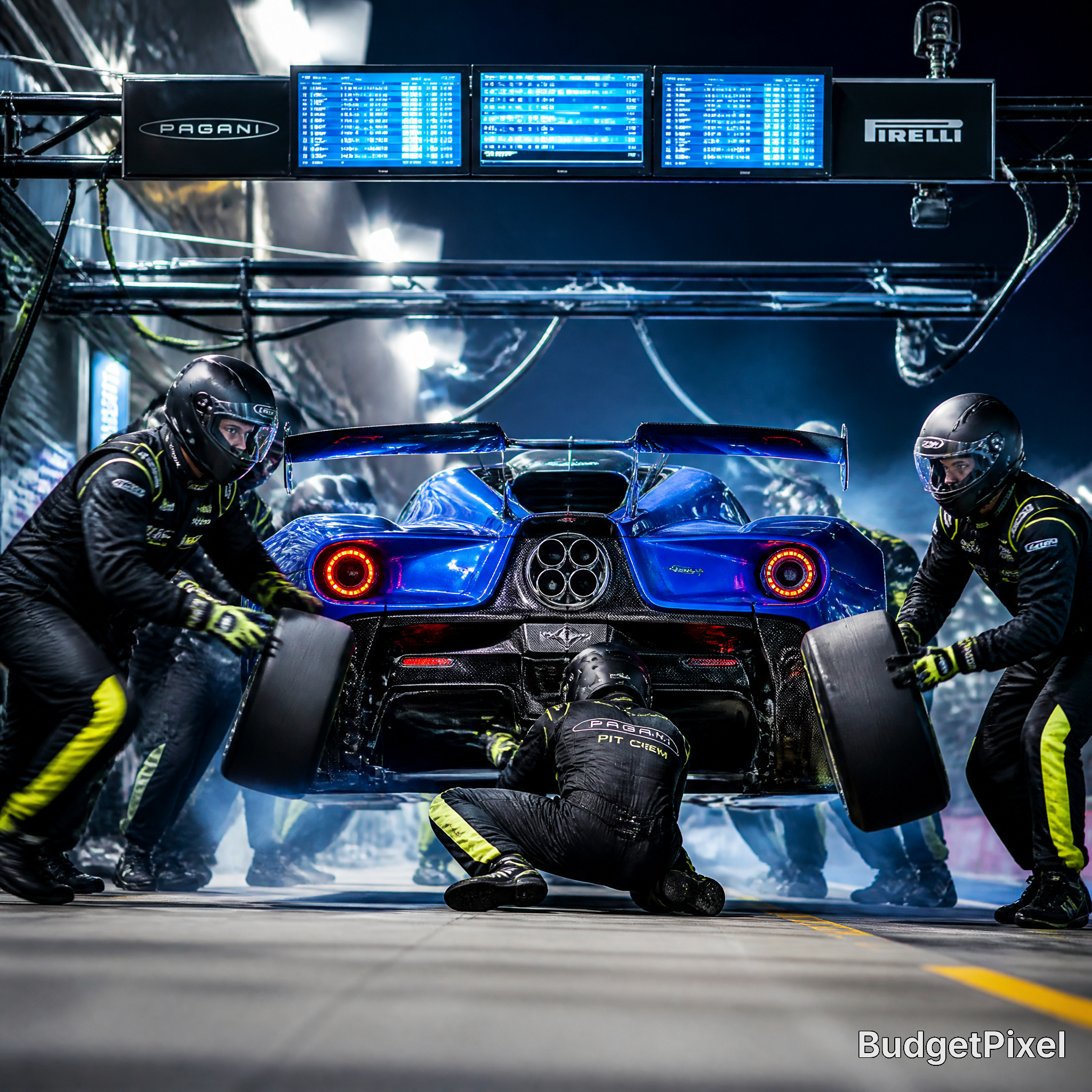 Blue high-performance race car on a pit stop with four crew members changing a tire.