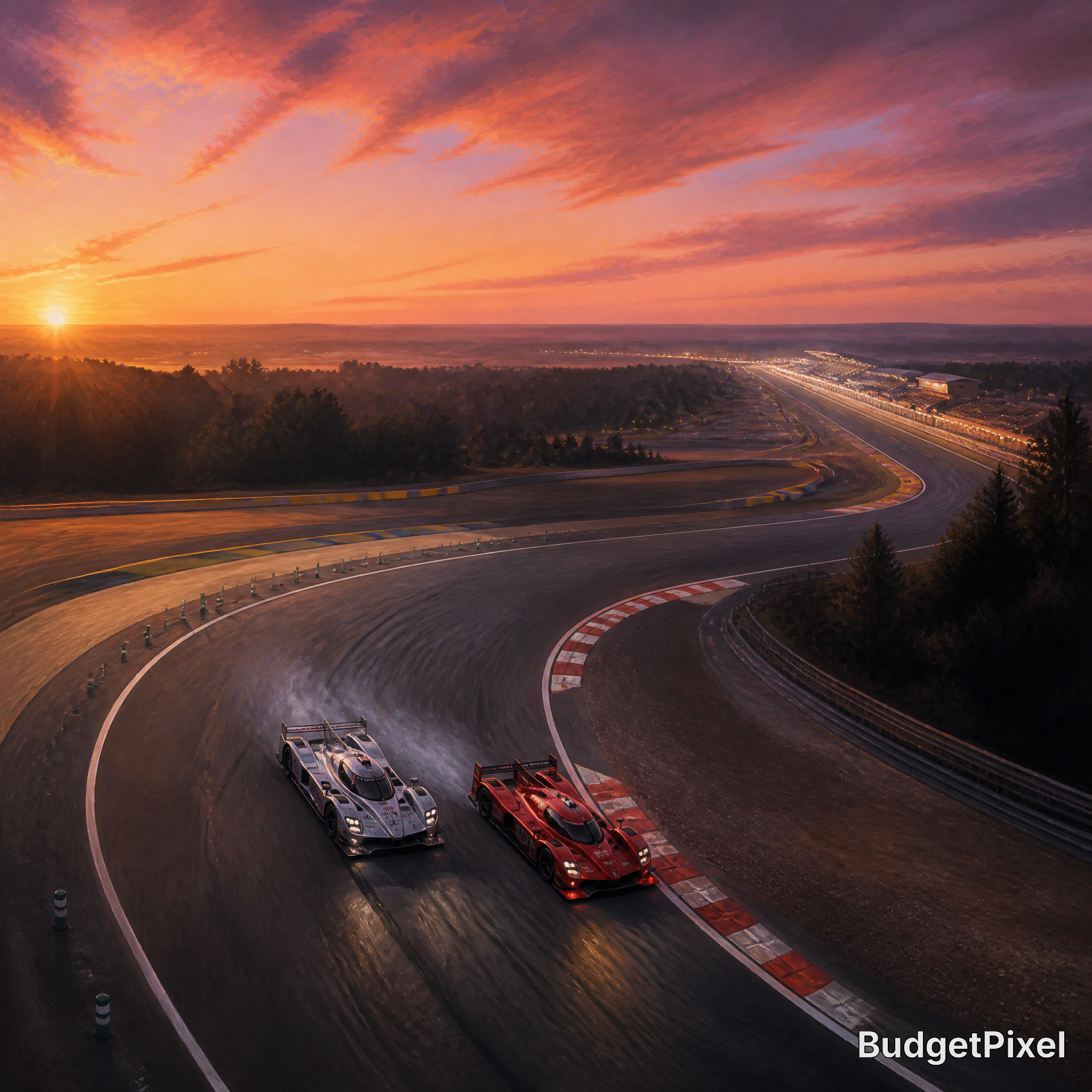 Two race cars navigate a sunset-curved race track with trees and a distant road.
