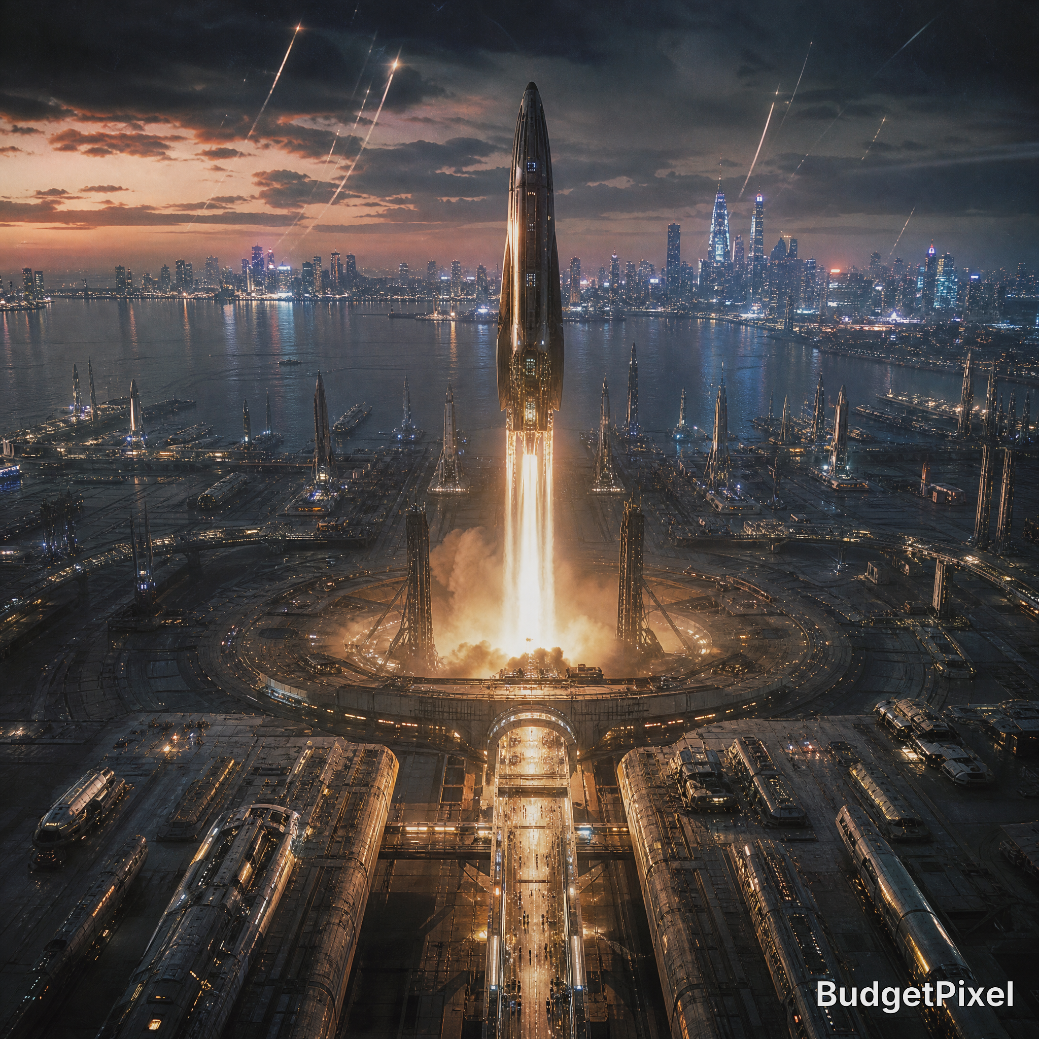 Futuristic rocket launching from a circular pad over a night city skyline with fiery exhaust.