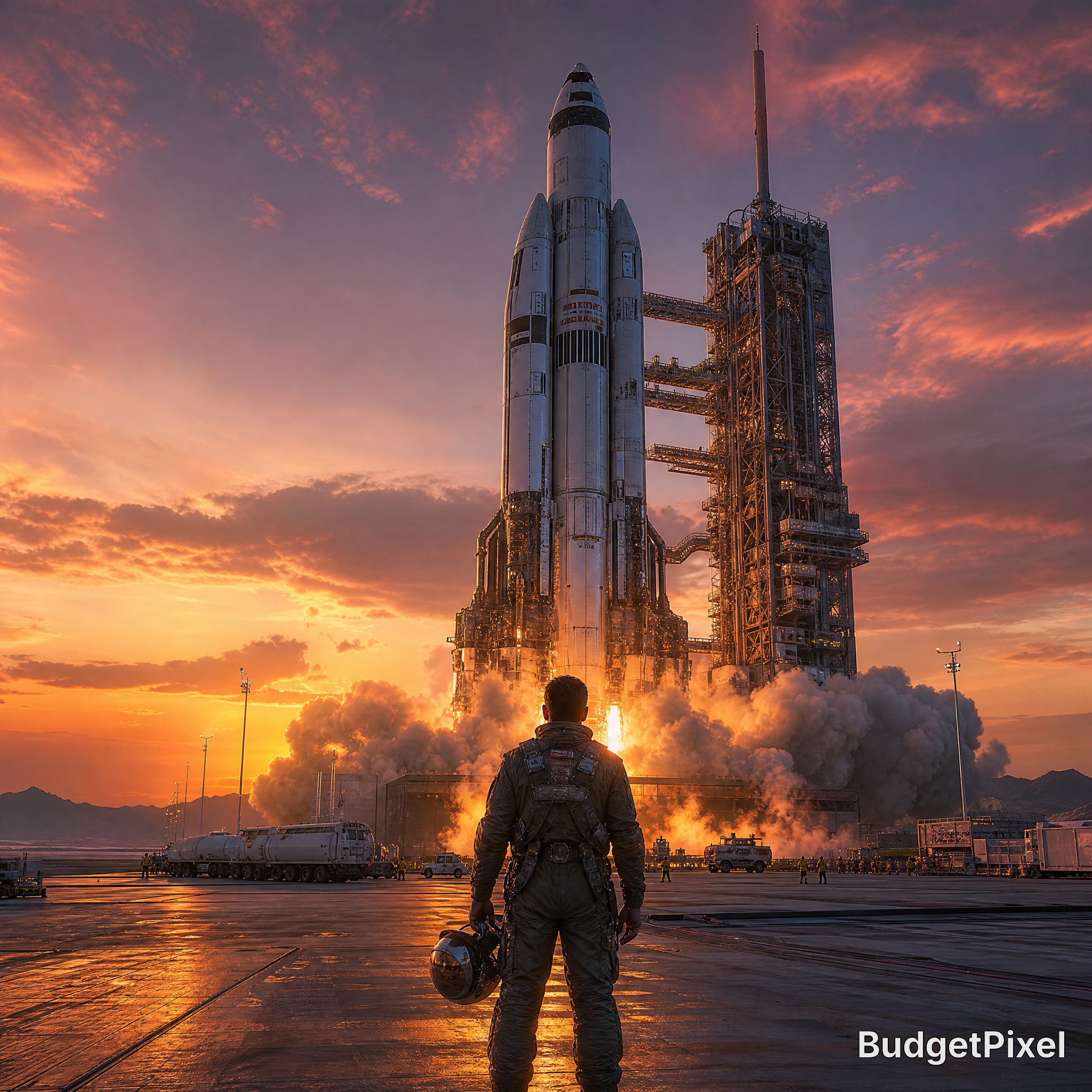 Astronaut in suit watches a space rocket launch at sunset with fiery exhaust and smoky plume.