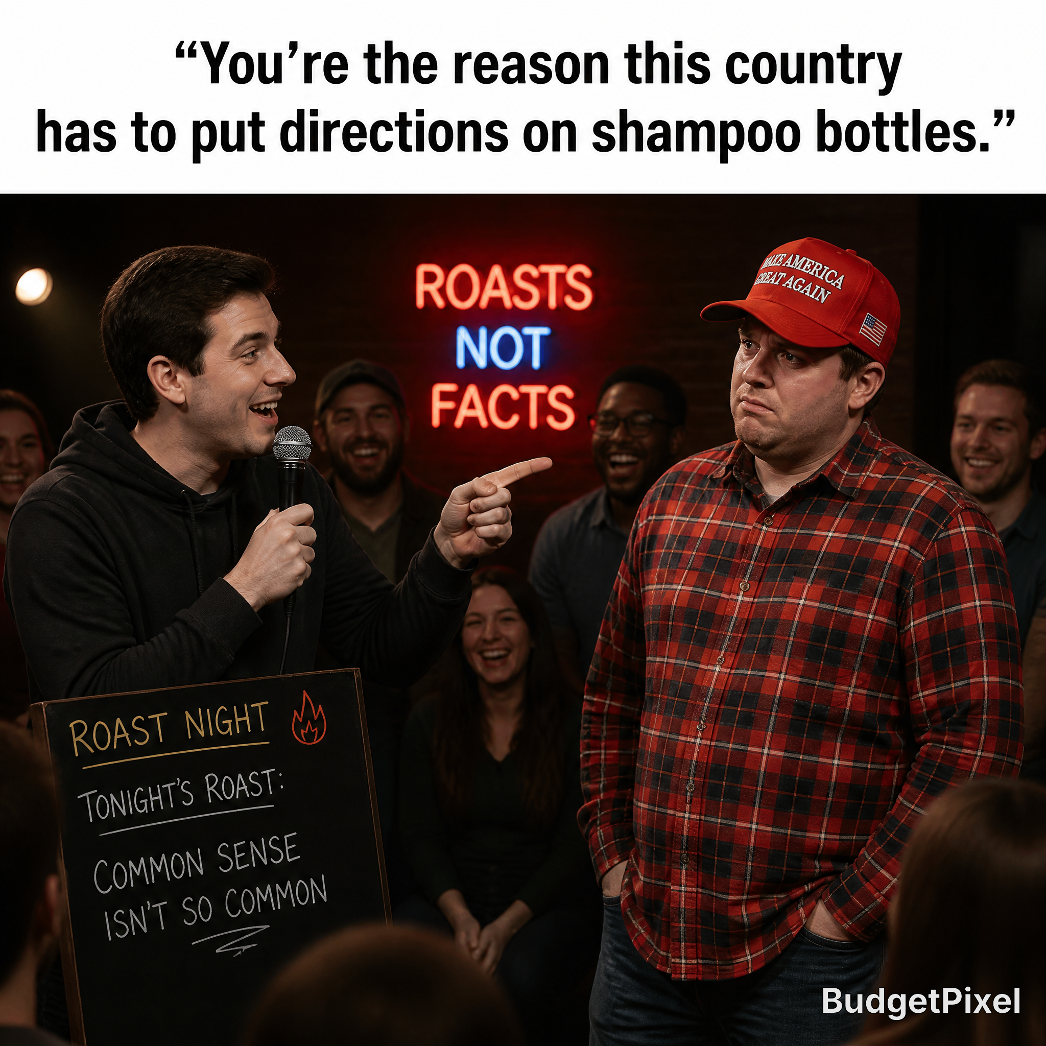 Comedian roasting a guest on stage with a chalkboard sign and neon “ROASTS NOT FACTS” backdrop.