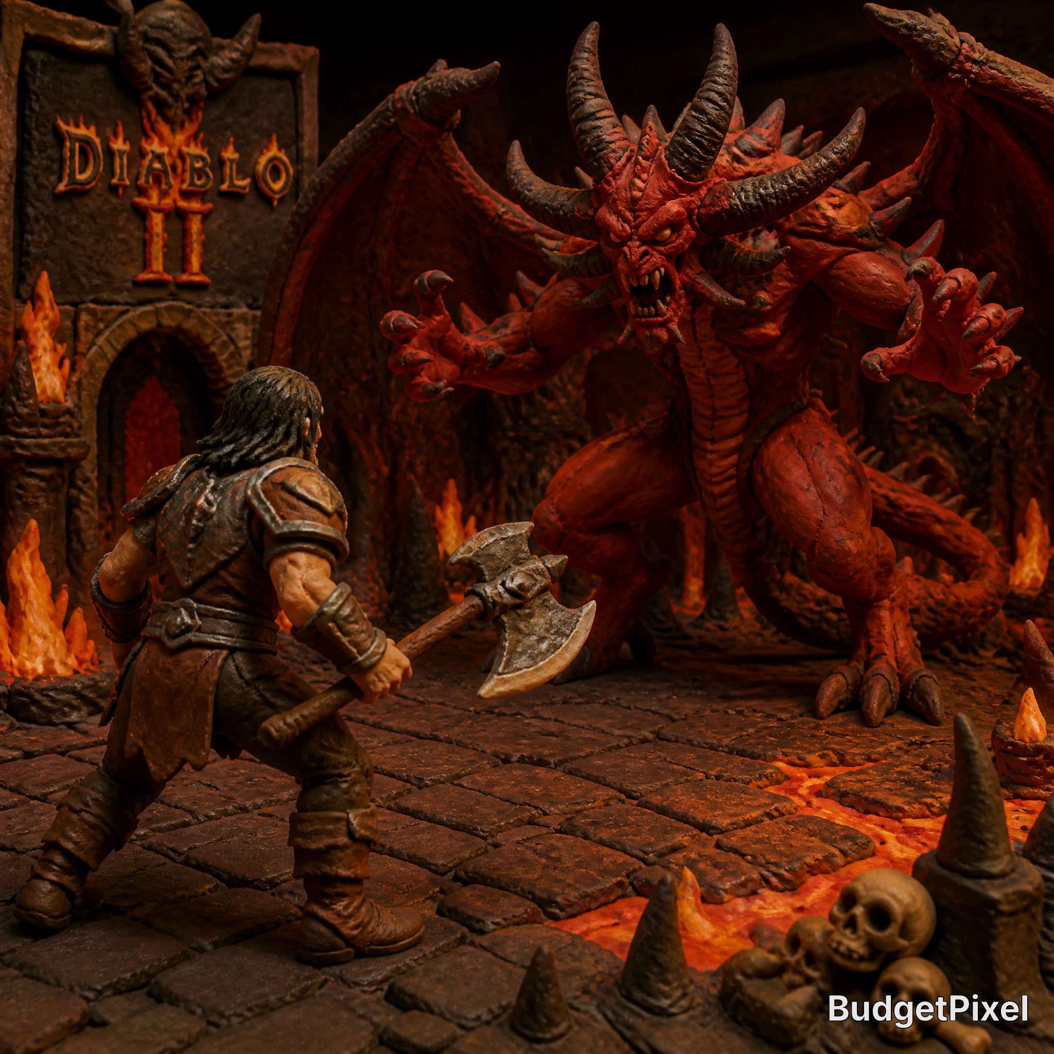 Miniature warrior facing a fiery red demon in a lava-lit dungeon scene.