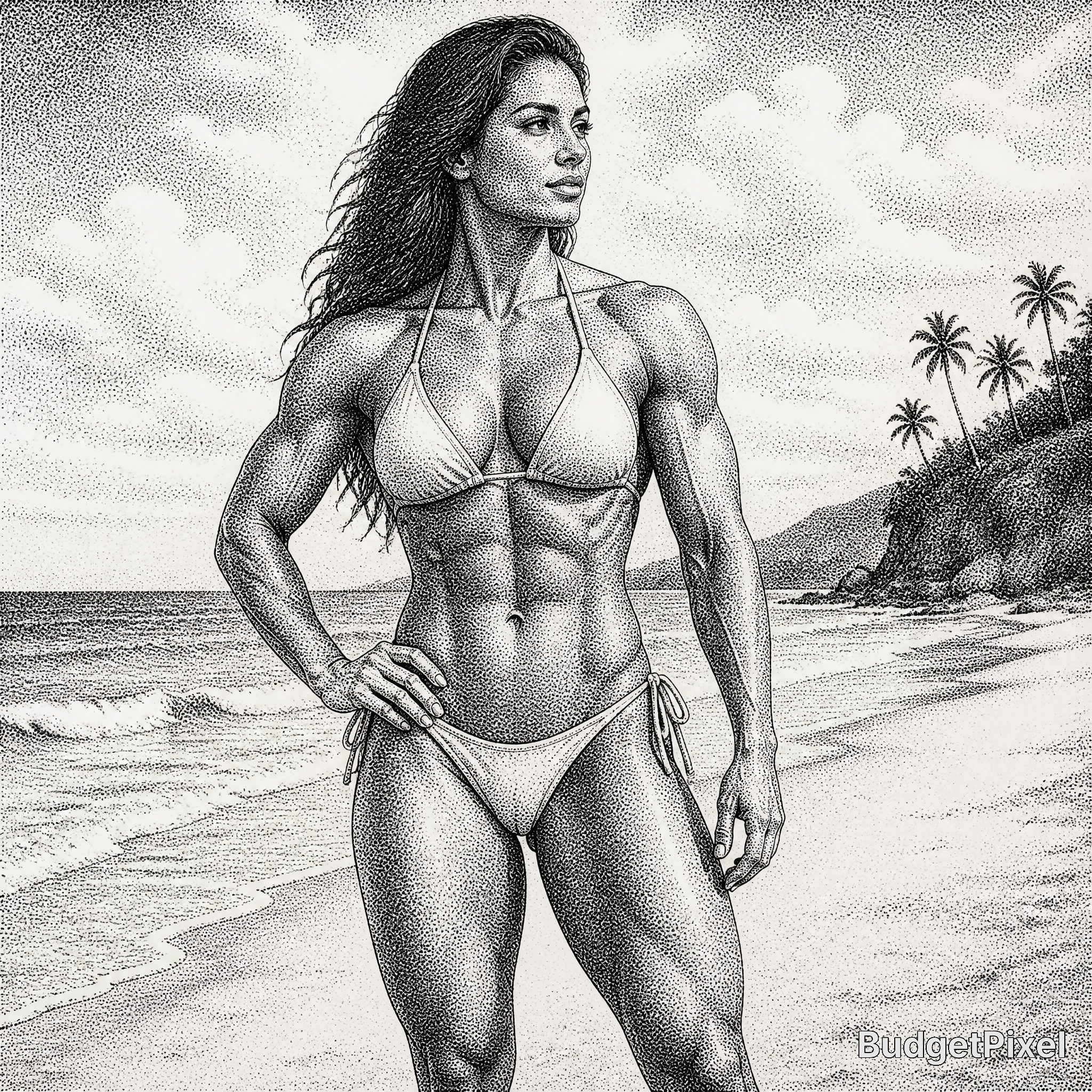 Muscular woman in bikini standing on a beach with palm trees, rendered in dotwork style.