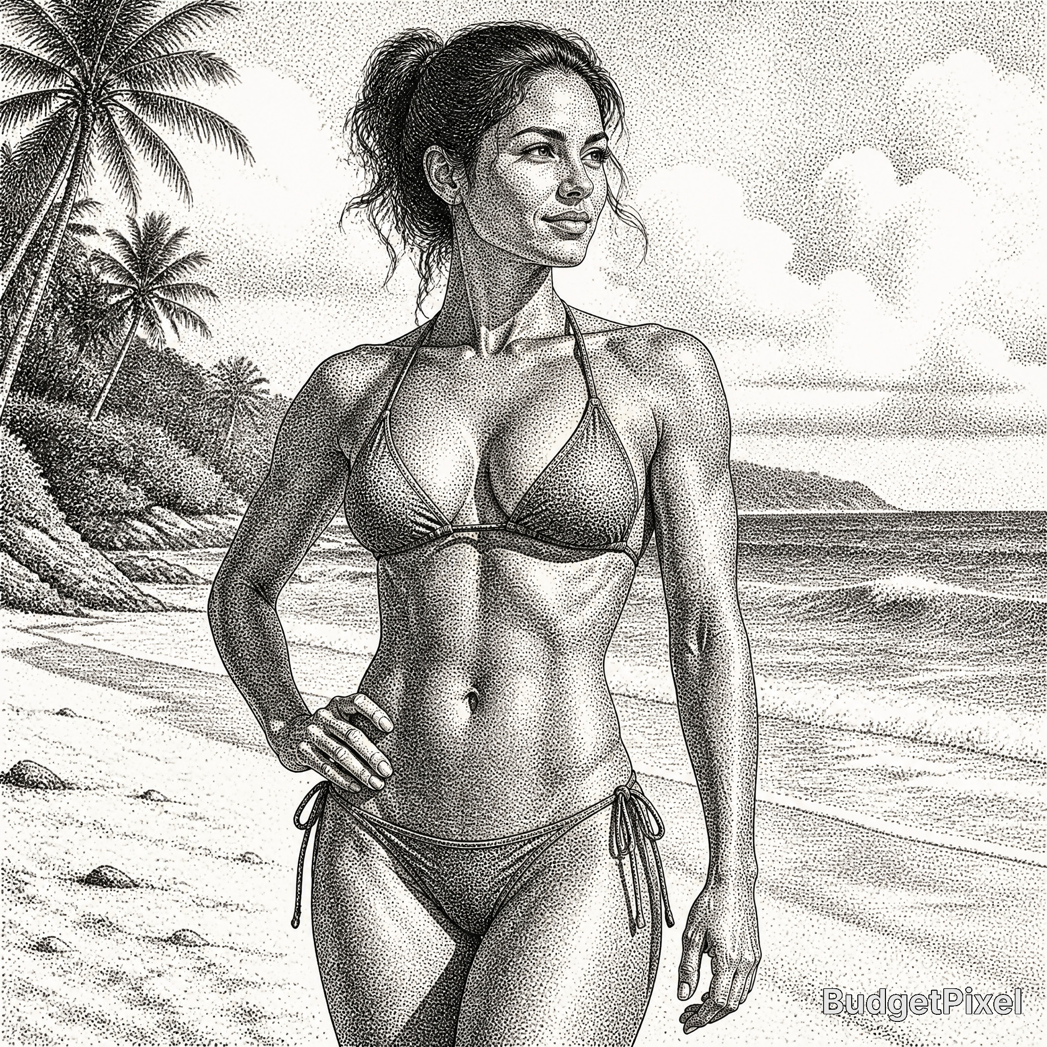 Stippled illustration of a woman in a bikini posing on a tropical beach.