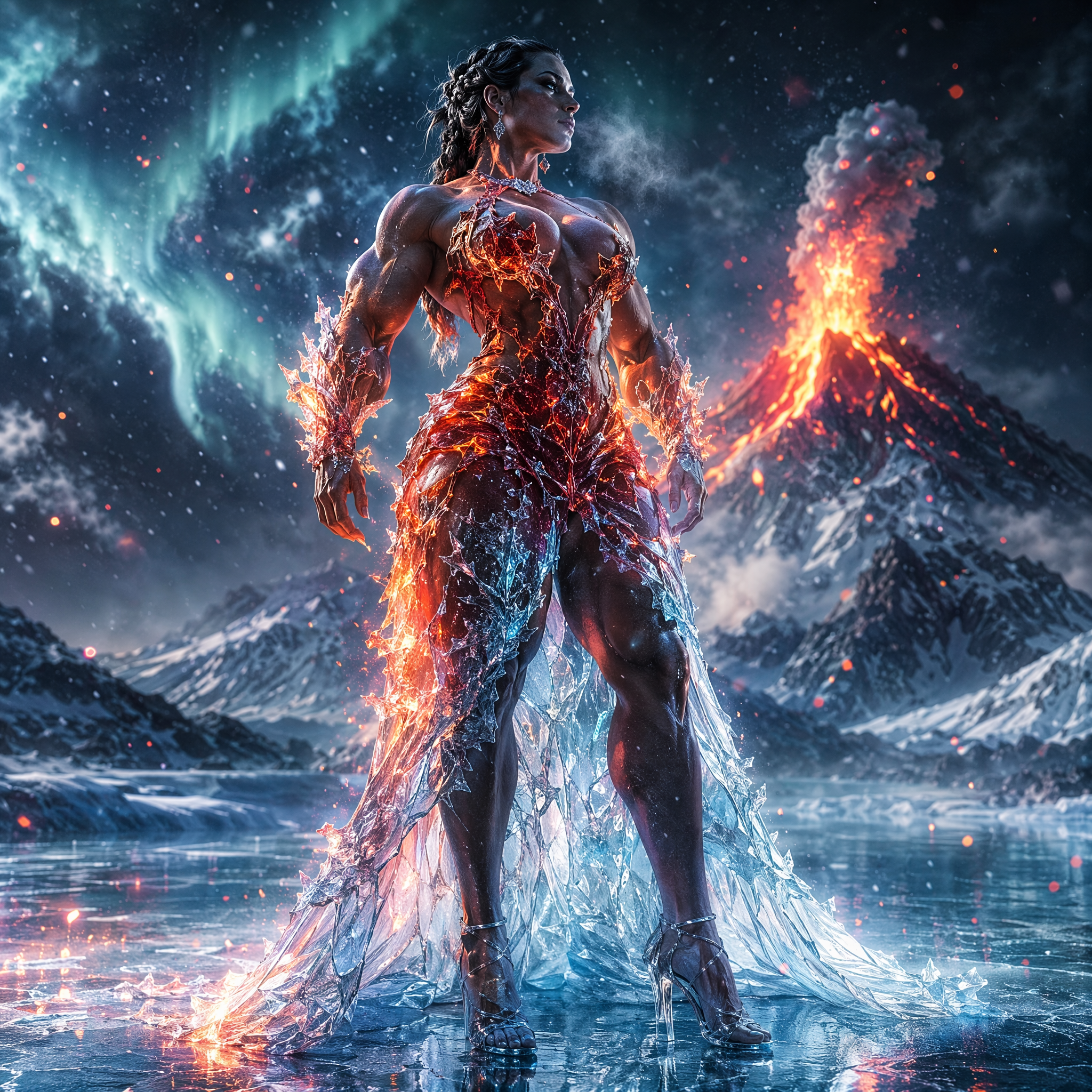 [Muscular elemental fantasy goddess in a dual ice-and-fire gown stands on a frozen arctic lake, with aurora borealis and a...