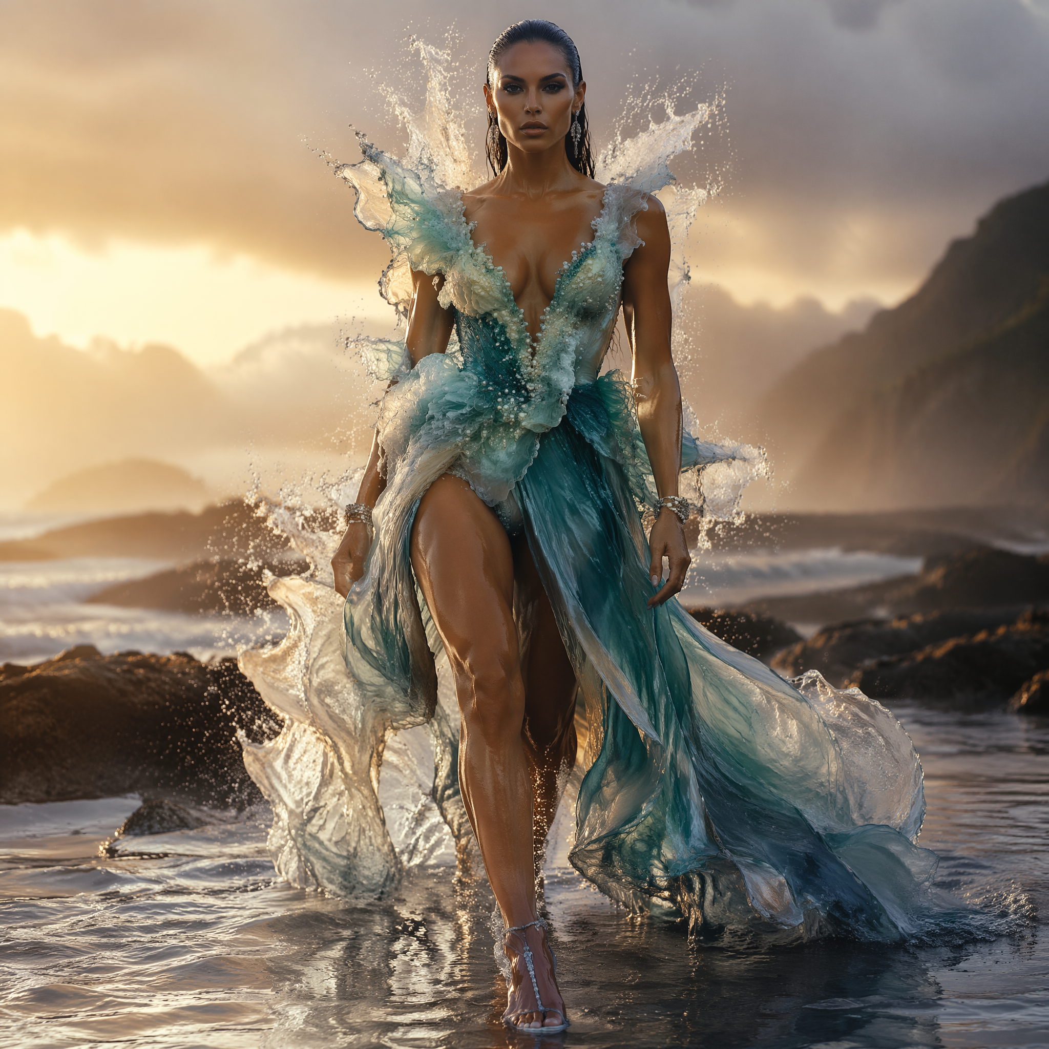Glamorous model in wave-inspired teal couture gown walking through shallow beach water at golden sunset