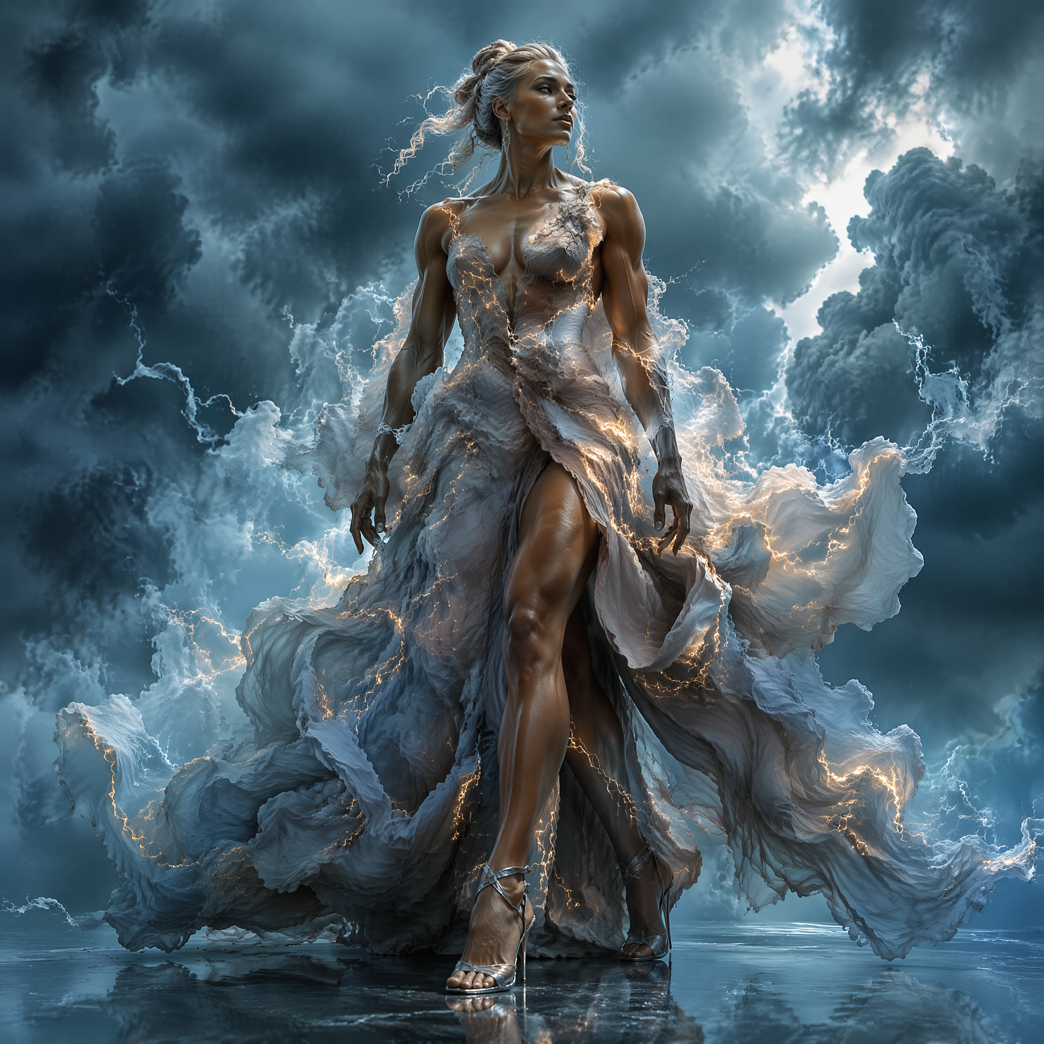 [Powerful storm goddess in a flowing cloud gown streaked with lightning stands against roiling storm clouds on reflective ...