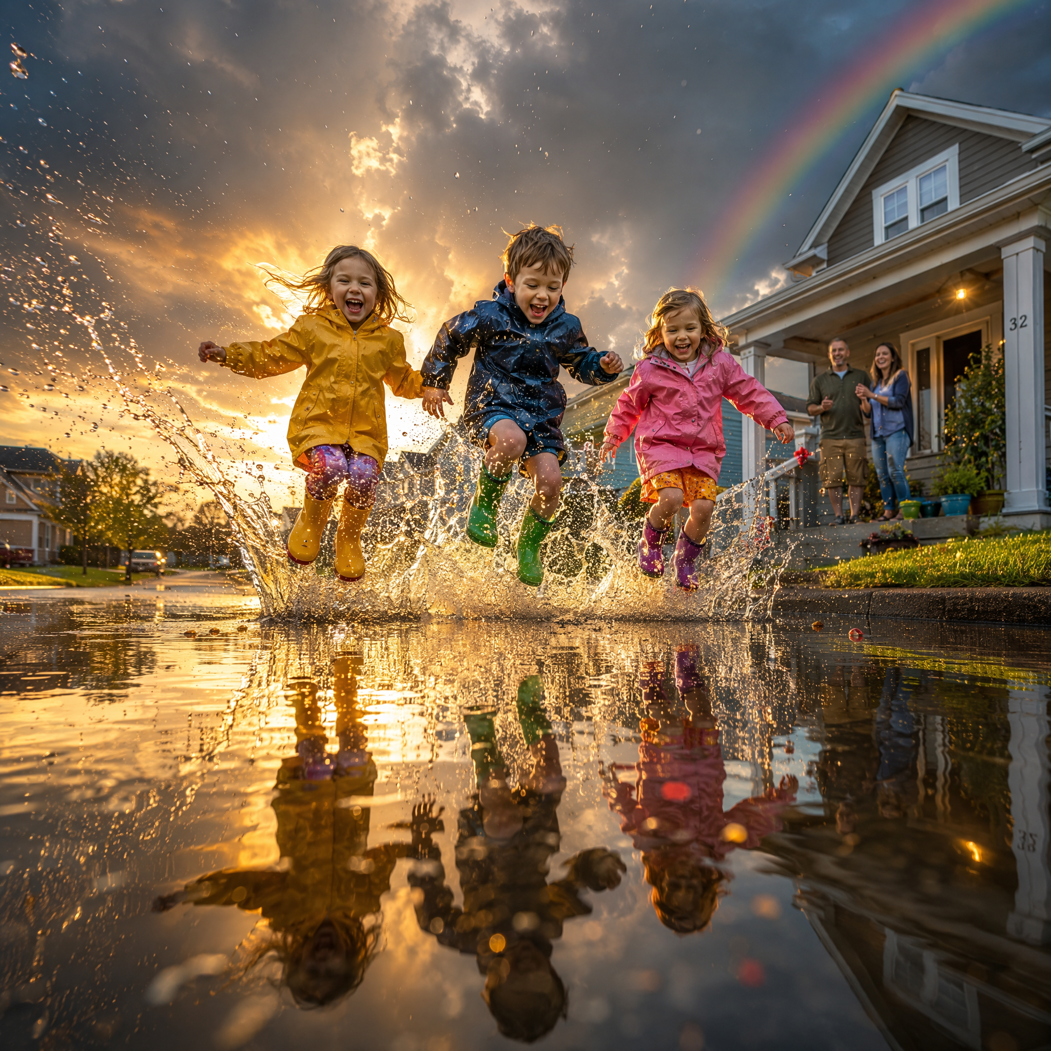 Three children in colorful rain gear jump through a splashing puddle, while parents watch from a porch beneath a post-stor...