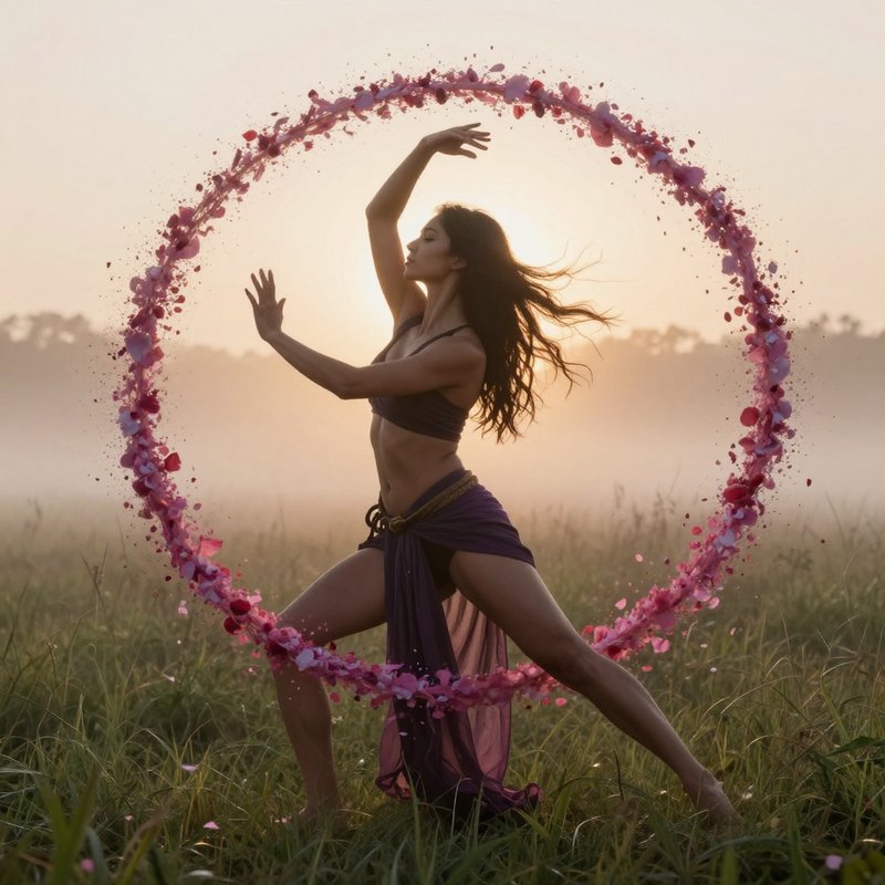 Woman dancing inside a petals hoop outdoors at sunset in a grassy field.