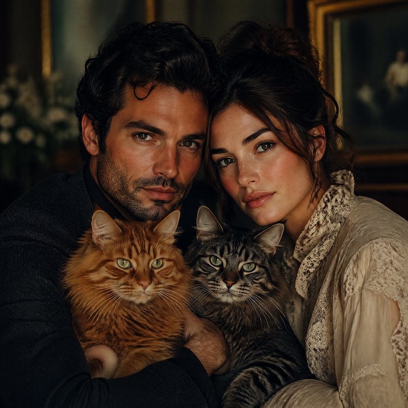 Romantic couple cuddling with two fluffy cats indoors.