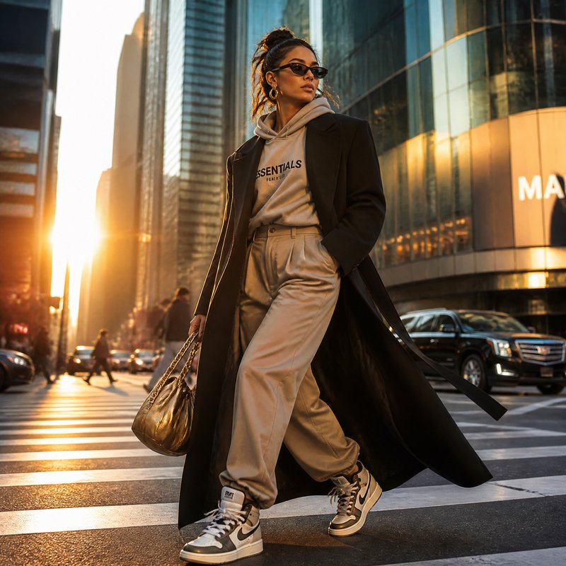 Woman in chic streetwear walking on a city crosswalk at sunset, wearing a long black coat, beige hoodie, beige pants