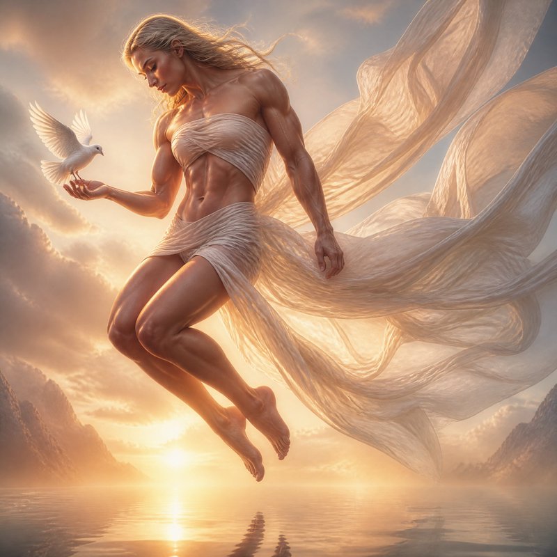 Strong female figure in flowing fabric soaring above sunset water with a dove
