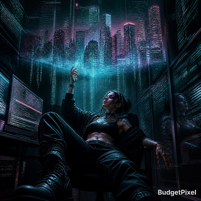 Cyberpunk hacker woman lounging in a neon-lit server room with a glowing cityscape.