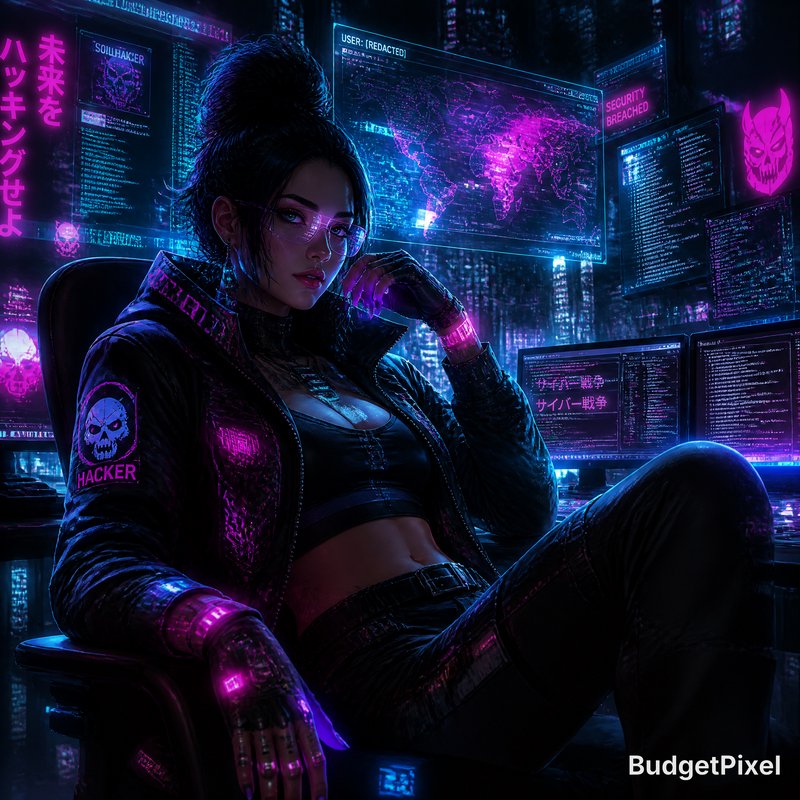 Cyberpunk hacker woman in neon-lit room with multiple screens and holographic world maps.