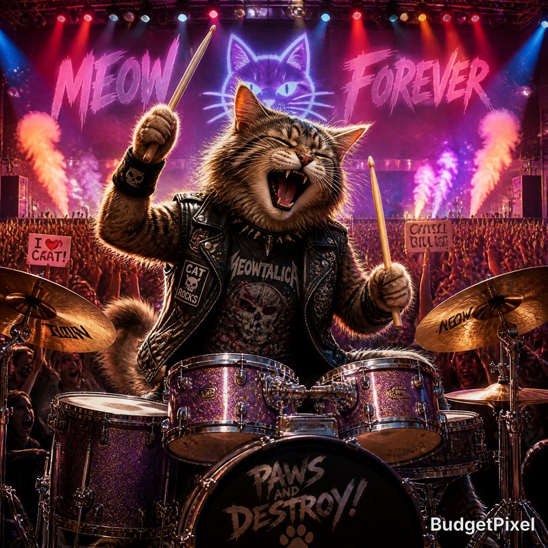 Aggressive cat drummer in a studded leather vest plays glittery purple drums on a crowded concert stage.
