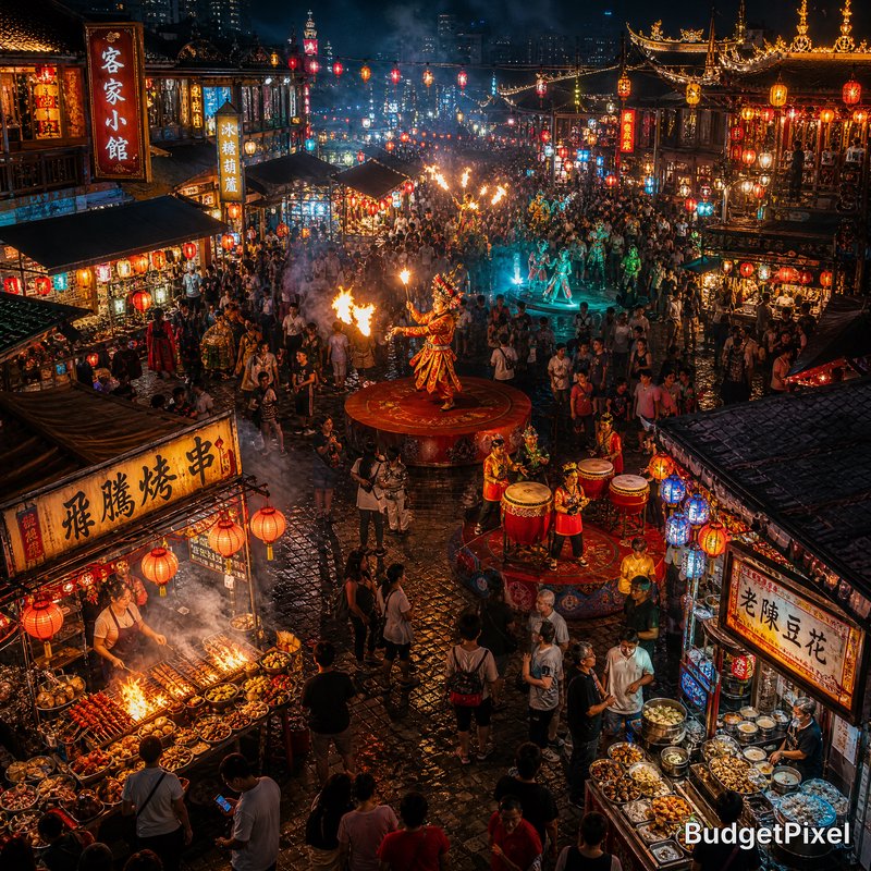 Vibrant Chinese night market festival with lanterns, street food stalls, drum performers, and fire dancers.
