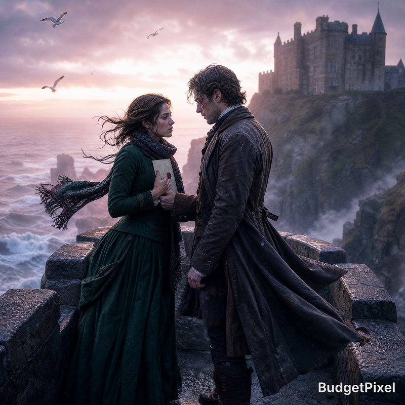 A romantic couple in medieval attire on a cliffside with a castle at sunset.