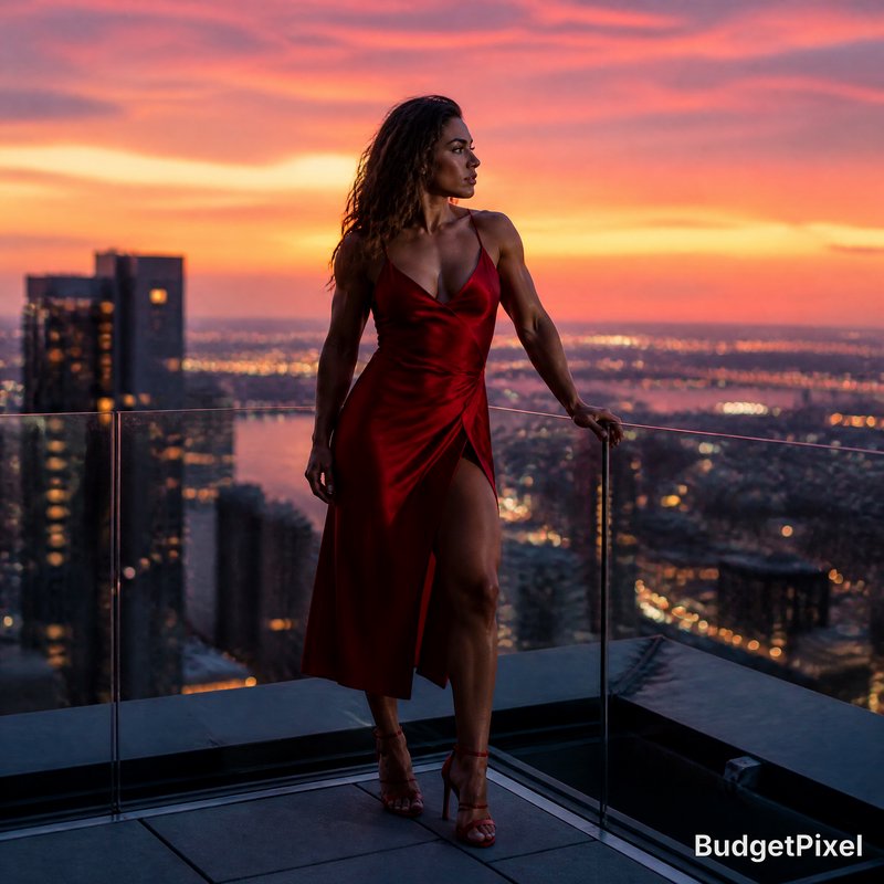 Woman in a red satin dress on a rooftop balcony at sunset with a city skyline