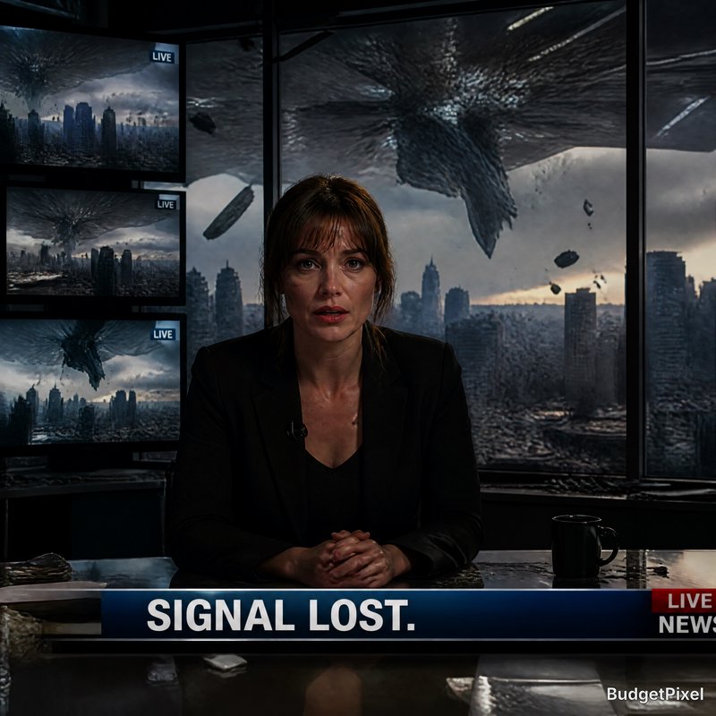 News anchor in a studio as a giant alien spacecraft crashes through windows, city ruins visible behind.