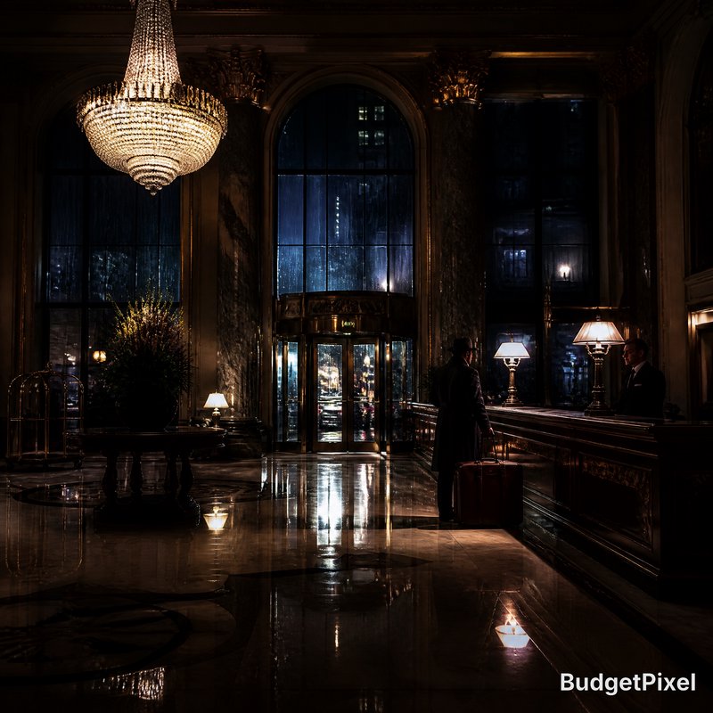 Elegant luxury hotel lobby at night with a grand chandelier, marble floor, and revolving glass doors.