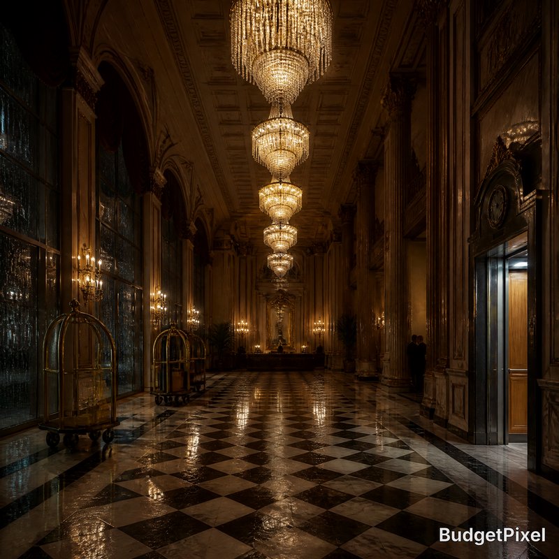 Luxurious hotel lobby with grand crystal chandeliers and a black-and-white checkered marble floor.