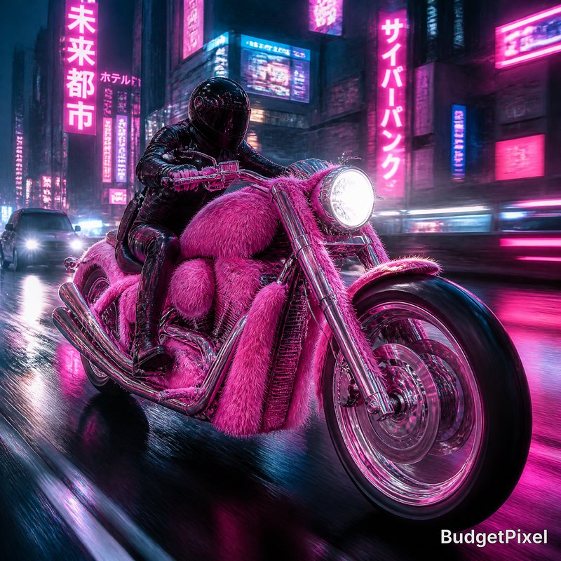 Person in a black helmet rides a pink fuzzy motorcycle through a neon-lit cyberpunk city.