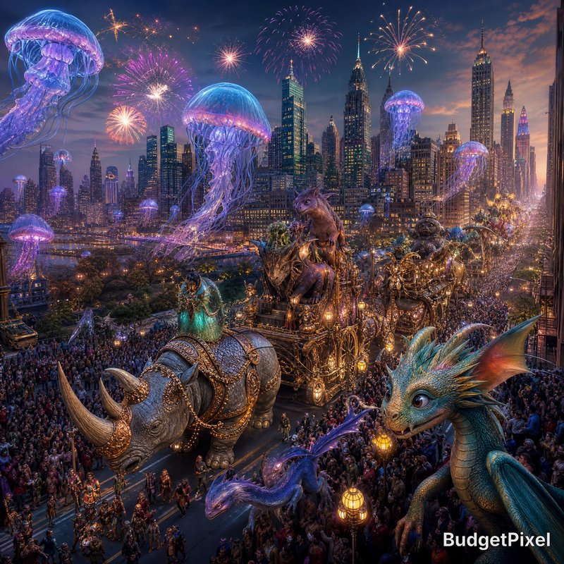 Nighttime fantasy parade in a neon city with giant dinosaurs, dragons, and glowing jellyfish under fireworks.