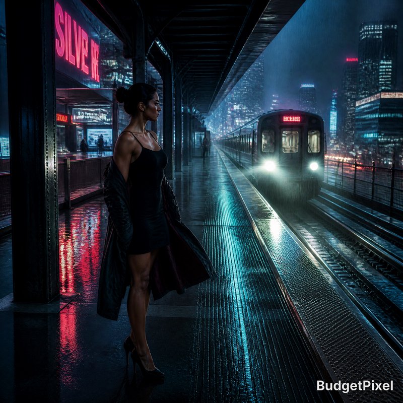 Woman in a black dress and coat on a rainy, neon-lit subway platform at night.