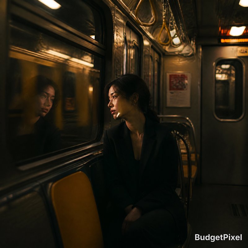 Woman in a dark blazer on a subway train, gazing out the window with her reflection nearby.