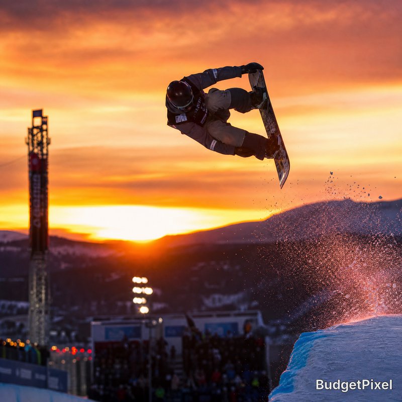 Snowboarder mid-air stunt at sunset competition, snow spray rising from the ramp.