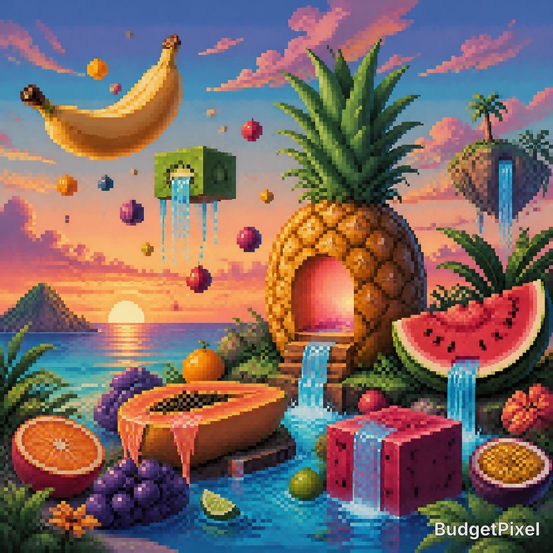 Colorful pixel-art tropical scene with a pineapple house, waterfalls, and vibrant fruits at sunset.