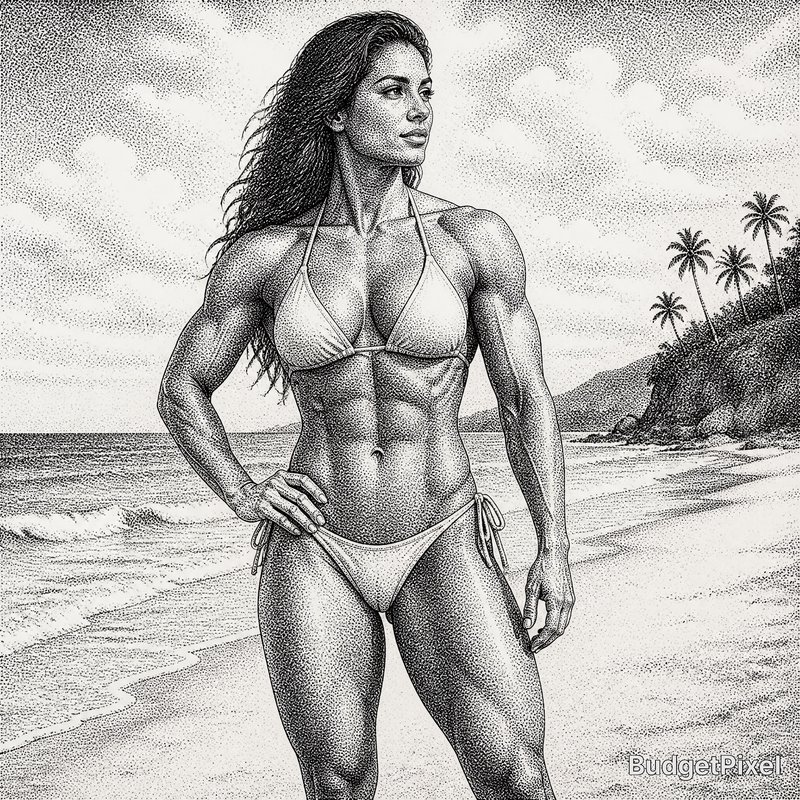 Muscular woman in bikini standing on a beach with palm trees, rendered in dotwork style.