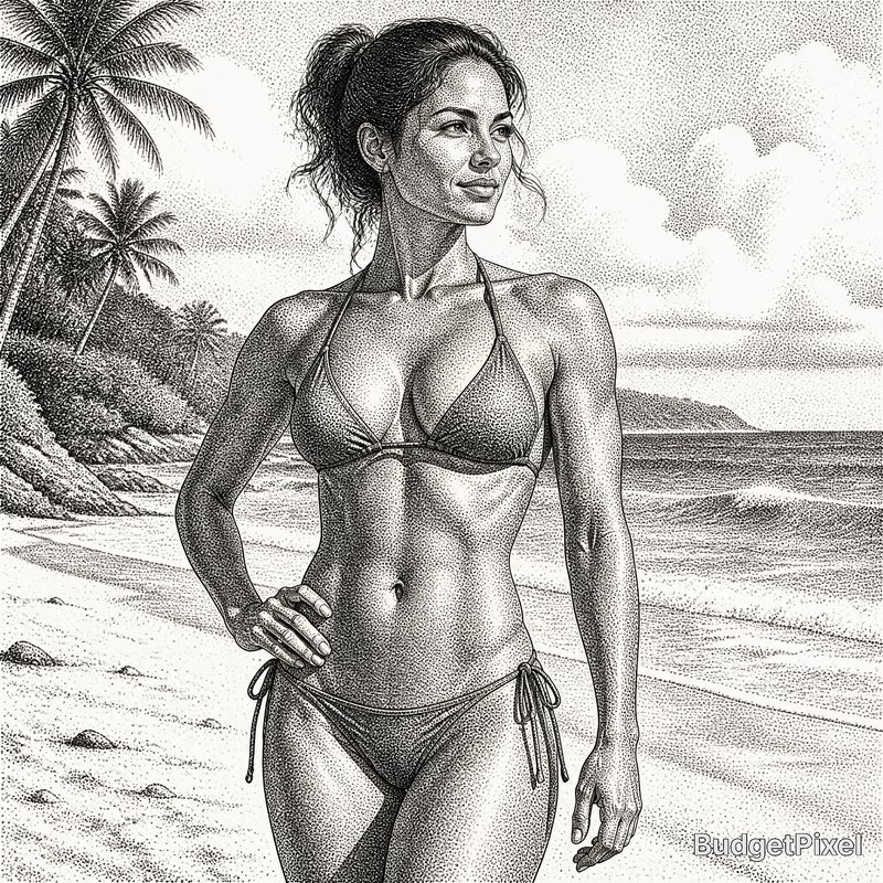 Stippled illustration of a woman in a bikini posing on a tropical beach.