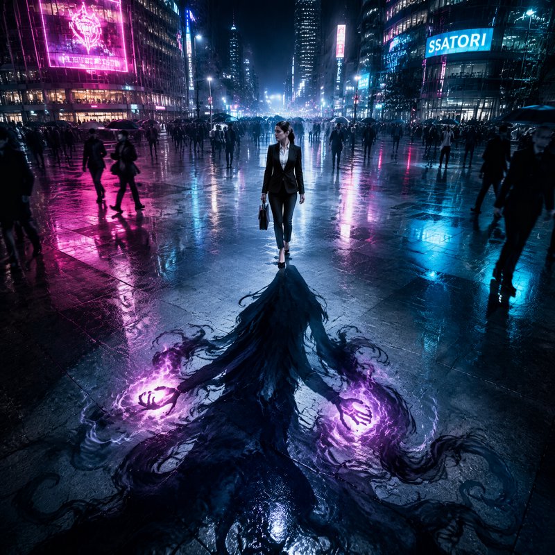 Businesswoman walks through neon-lit rainy cyberpunk city, her shadow manifests as a dark wraith holding glowing purple