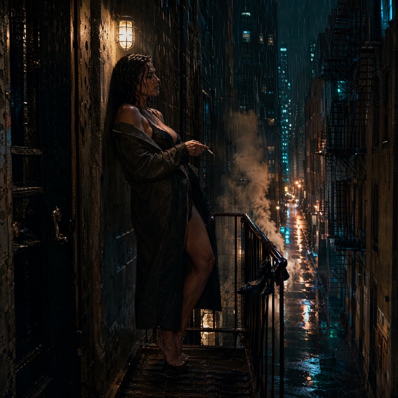 [Contemplative woman stands on a rain-soaked fire escape, overlooking a glowing neon city alley on a dark rainy night]