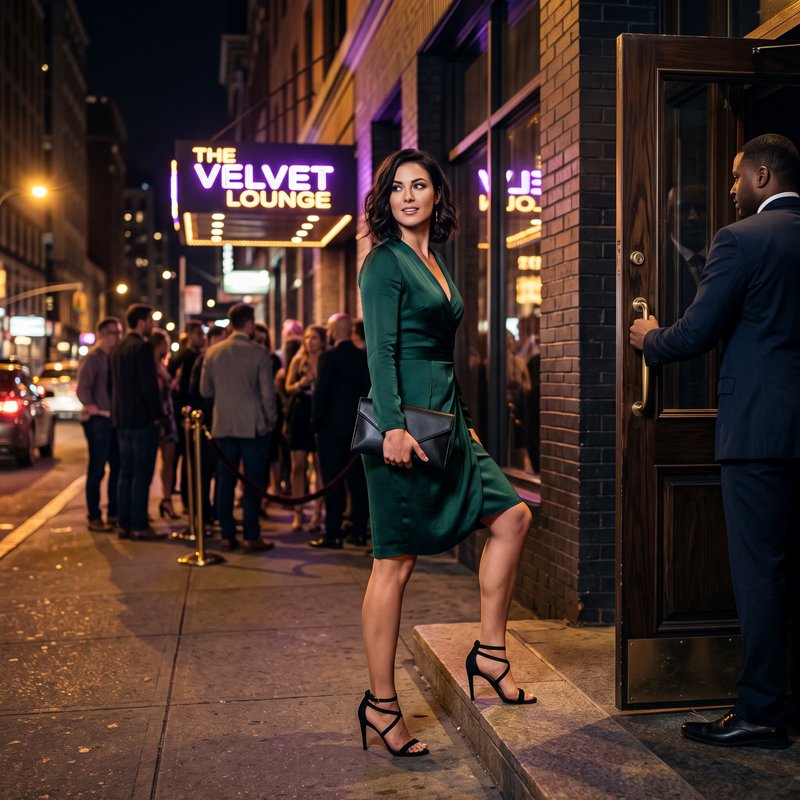 Elegant woman in emerald green satin dress stands outside The Velvet Lounge nightclub, as a doorman holds the entry door o...