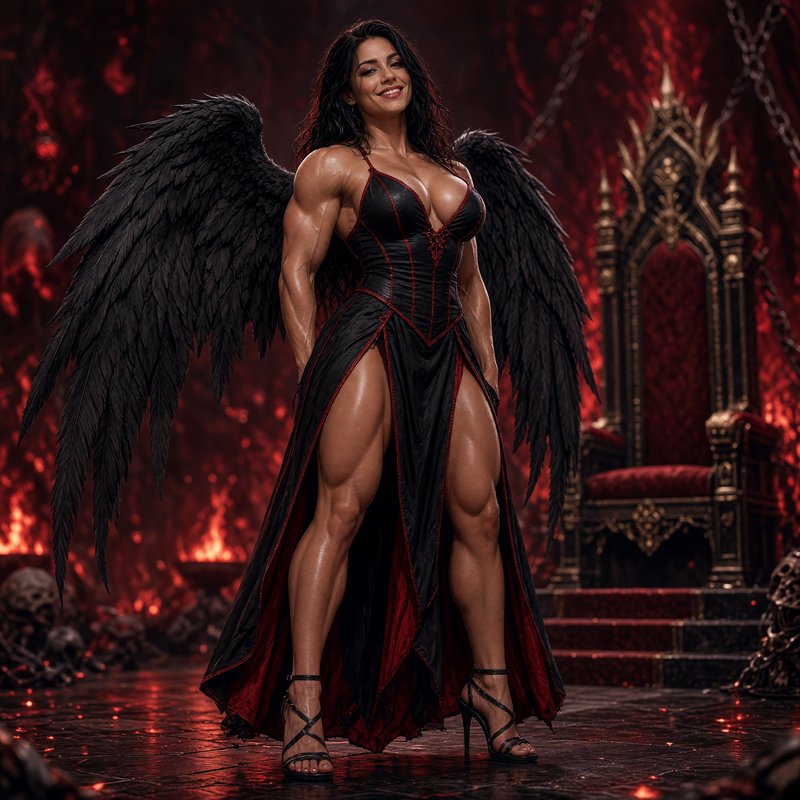 Muscular fallen angel woman with black feathered wings stands confidently in a fiery hell throne ...