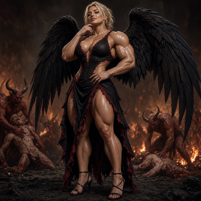 Powerful muscular blonde fallen angel with large black wings stands confidently in a fiery hellsc...