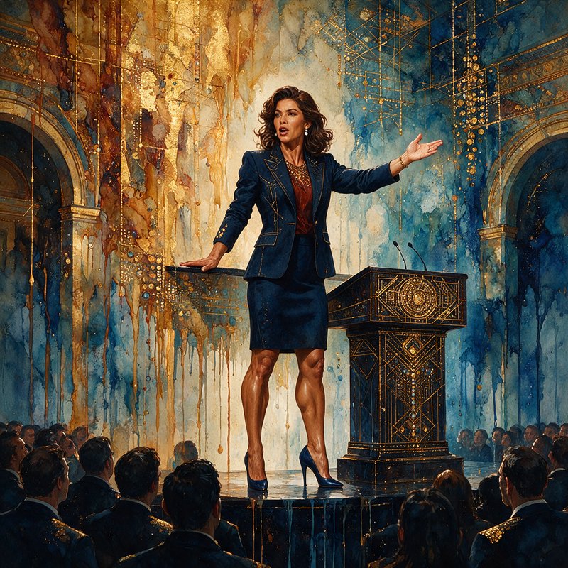 Powerful authoritative female speaker in a navy suit gestures while delivering a speech from an o...