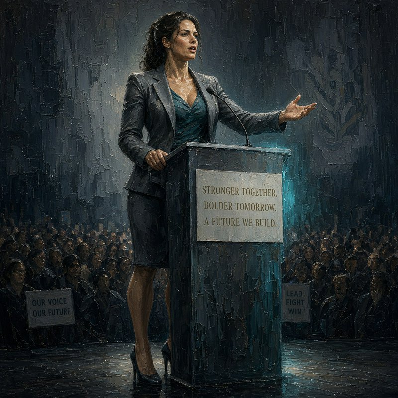 Textured impasto painting of a confident female leader delivering a campaign speech at a podium t...