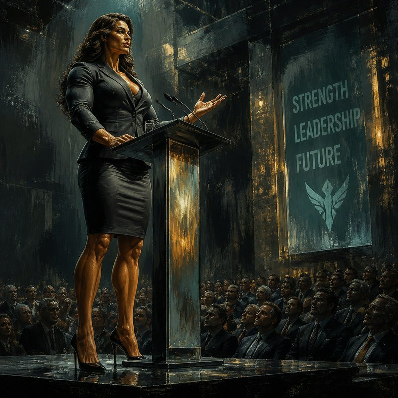 Powerful muscular female leader delivers a speech from a podium to a formal audience, with a lead...