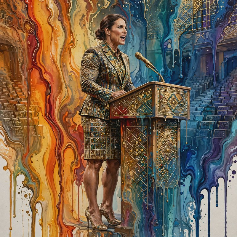 Surreal illustration of a confident female speaker standing at an ornate gilded podium before a d...