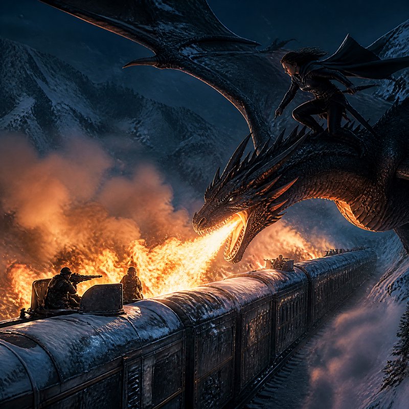 Fire-breathing black dragon with warrior rider attacks a snow-covered armored train in a snowy mo...