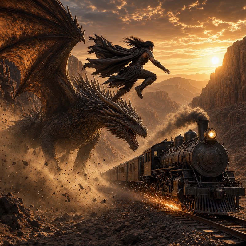 Cloaked armored warrior leaps from a giant spiked dragon toward a vintage steam train in a rocky ...