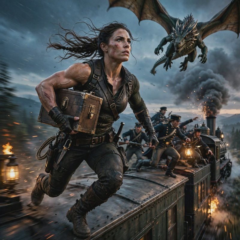 Rugged female adventurer runs across a speeding steam train roof clutching a treasure chest, as a...