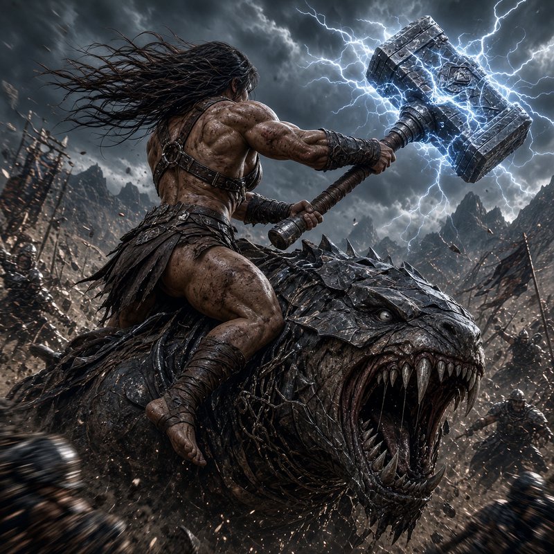 Muscular female barbarian wields a lightning charged hammer while riding a fanged war beast into ...